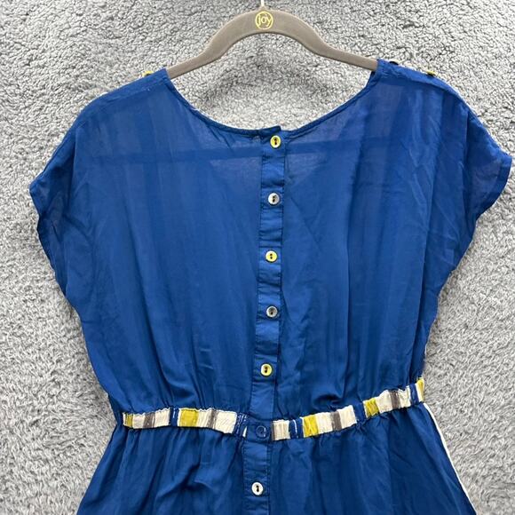 Mine NWOT‎ Women's Large Blue Yellow Tunic Short Sleeve Top Elastic Waist - Picture 6 of 8